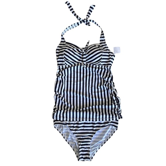 NWT! MOTHERHOOD, BEACH BUMP 2 Piece Striped Halter Maternity Tankini, Size Small - Picture 1 of 9